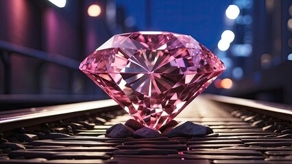 A large, faceted red gemstone resting on railroad tracks