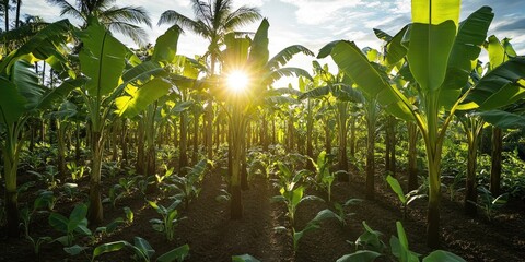 Aufkleber - Lush green banana plantation with tall leafy plants and sun rays piercing through, creating a serene and vibrant tropical atmosphere