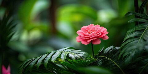 Leinwandbilder - Pink flower atop lush green foliage with soft bokeh background, highlighting vibrant petals against deep green leaves.