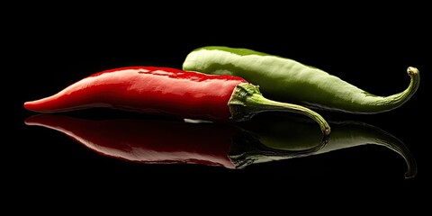 Poster - Red chili pepper and green chili pepper placed diagonally against a black reflective background creating a glossy, vibrant visual contrast.