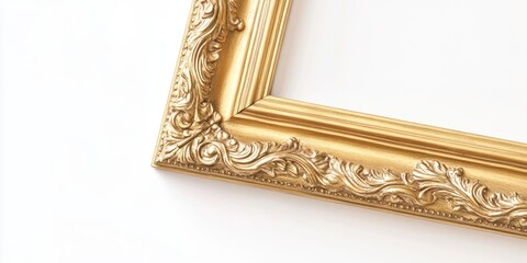 Poster - Luxurious ornate gold photo frame with intricate detailing positioned on a plain white background creating ample empty space for text or graphics