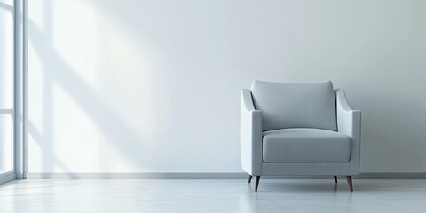 Fototapete - Gray armchair positioned in bright empty room with natural light coming through windows and ample white wall space for text or design elements