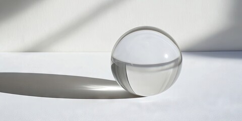 Leinwandbilder - Transparent glass sphere positioned on a white surface casting a soft shadow, illuminated by natural light creating subtle reflections.