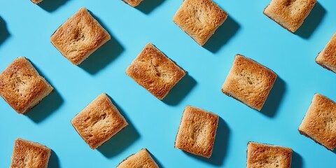 Poster - Flat lay of golden-brown rusks arranged evenly on a vibrant blue background showcasing their crispy texture and rectangular shape.