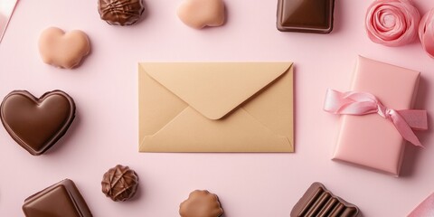 Aufkleber - Aromatic chocolate assortment on a soft pink surface featuring a blank envelope, gift box with ribbon, and various chocolate shapes.