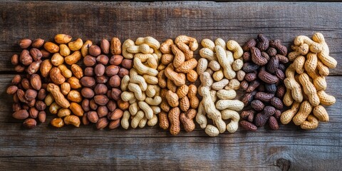 Poster - Dried peanuts of various colors including brown, tan, and beige arranged in neat rows on a rustic wooden surface creating a textured display.