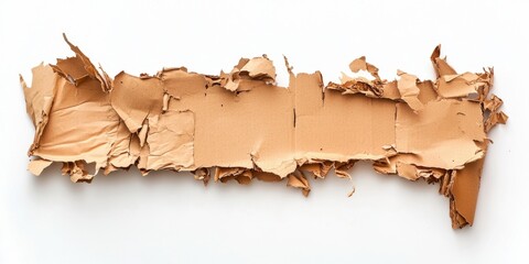 Poster - Fragment of torn brown cardboard laying horizontally on a clean white background highlighting textures and edges of the shredded material.