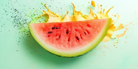 Aufkleber - Vibrant watermelon slice with splashes of orange and yellow on a soft green pastel backdrop showcasing a playful food art concept