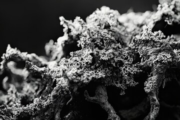 Poster - An artistic black and white close-up captures the delicate, intricate details of lichen, showcasing its organic textures against a dark, contrasting background, evoking depth.