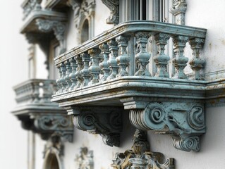 Wall Mural - Weathered balcony ornate details, aged beauty.