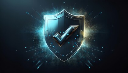 Poster - A shiny shield with a checkmark, radiating light and energy, symbolizing security and trust.