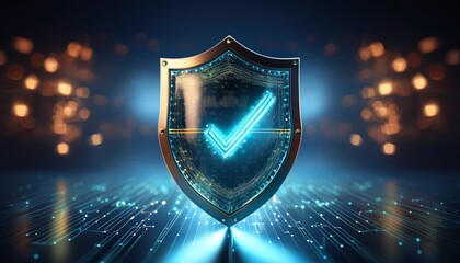 Poster - A digital shield with a glowing checkmark, symbolizing security and verification in a futuristic environment.