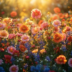 Sticker - Golden hour illuminates vibrant summer wildflowers.