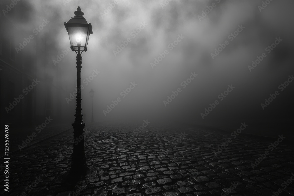 An old street lamp illuminates a cobblestone path through dense fog on ...