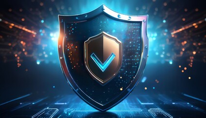 Poster - A futuristic shield symbolizing security and protection against digital threats, illuminated by vibrant blue lights and intricate patterns.