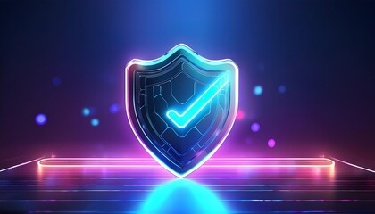 Poster - A glowing shield with a checkmark symbolizes digital security and protection in a vibrant, futuristic setting.