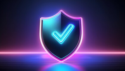 Poster - A vibrant, neon shield icon with a checkmark symbolizes security and validation in a modern digital context.