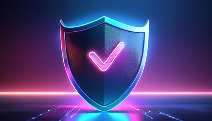 Poster - A vibrant shield symbolizing security features a glowing checkmark, representing validation, protection, and trust in a digital landscape.