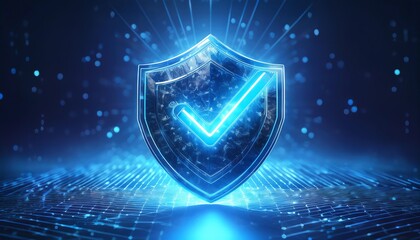 Poster - A glowing blue shield with a checkmark symbolizes digital security and protection in a futuristic, tech-inspired environment.