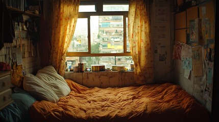 Poster - Cozy bedroom interior, morning light and city view through window, residential setting, lifestyle background