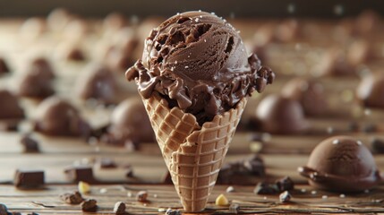 Poster - Chocolate Rocky Road ice cream cone with a scoop of rich chocolate ice cream topped with nuts and sprinkles on a rustic wooden table background.