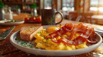 Aufkleber - Breakfast plate featuring fluffy scrambled eggs topped with crispy bacon and served with toasted sourdough, vibrant greens, and a rustic restaurant backdrop.