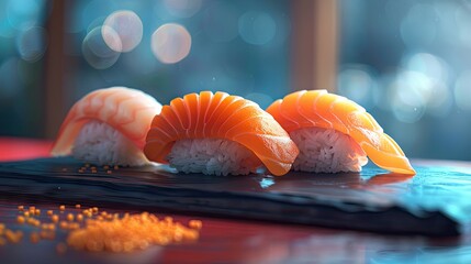 Poster - Fresh salmon nigiri sushi arranged on a black stone plate with orange fish roe scattered nearby, soft focus background and vibrant colors.