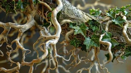 Aufkleber - Magnified view of English ivy Hedera helix showing intricate aerial roots with green leaves intertwined on a textured branch, neutral background tones.