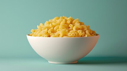 Poster - Yellow macaroni pasta in a large white bowl on a soft teal background with soft shadows creating a contemporary food presentation.