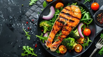 Aufkleber - Grilled salmon fillet served on a black plate with fresh green arugula, broccoli, cherry tomatoes, and red onion arranged around it.