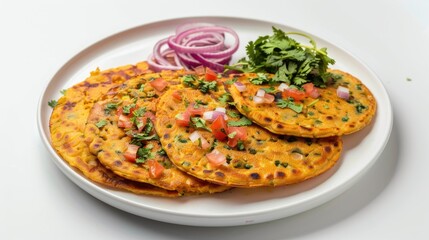 Poster - Colorful plate of besan chilla with vibrant orange pancakes topped with green coriander and red onions, served with diced tomatoes on a white background.