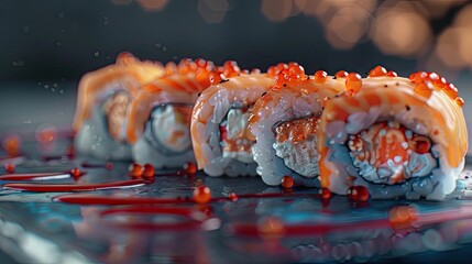 Poster - Creamy sushi rolls topped with vibrant salmon, cream cheese, and orange tobiko caviar against a dark background with subtle bokeh lights.