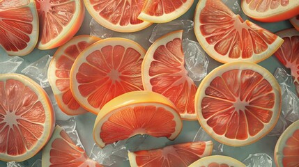 Poster - Vibrant red grapefruit slices arranged artistically on a light blue background with translucent layers enhancing their juicy texture and colors