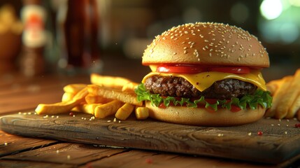 Poster - Juicy cheeseburger with melted American cheese, fresh lettuce, and tomato, served alongside crisp golden French fries on a wooden board.