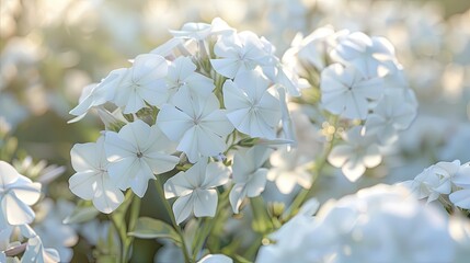 Aufkleber - White phlox flowers with soft sunlight creating a warm glow, blurred green foliage in the background, clusters of blooms centered prominently.