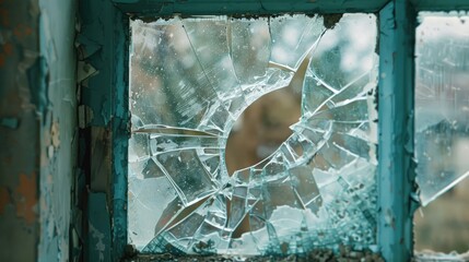 Aufkleber - Broken safety glass window with intricate cracks revealing a blurred outdoor scene, framed in turquoise paint, evoking a sense of abandonment.