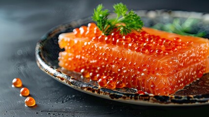 Poster - Vibrant plate of roasted cod roe garnished with fresh dill, showcasing bright orange caviar textures against a dark background, ideal for food ads.