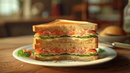 Poster - Delicious club sandwich layered with tuna, fresh lettuce, and tomato, served on a white plate, with a rustic wooden table in soft natural lighting
