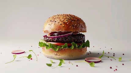 Poster - Grilled black bean burger on a sesame seed bun with avocado tomato red onion and microgreens on a light background with scattered seeds