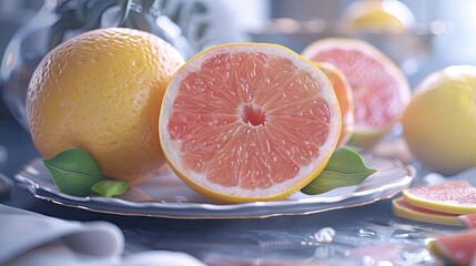 Poster - Freshly cut pink grapefruit displayed on a white plate with green leaves, surrounded by whole grapefruit and lemons, softly lit for a bright look.
