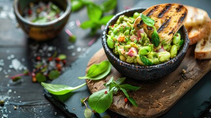 Poster - Vibrant avocado tartare with edamame served in a dark bowl on a rustic wooden board accompanied by grilled bread and fresh herbs on a textured backdrop