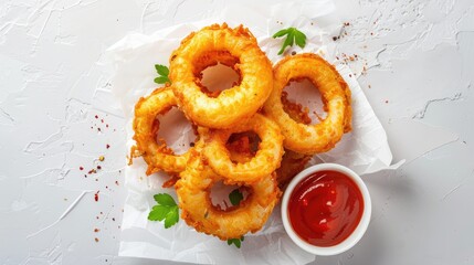 Poster - Crispy golden deep-fried onion rings arranged on white parchment with a small bowl of red ketchup garnished with fresh parsley on a light background