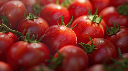 Poster - Fresh organic Amish paste tomatoes glistening with dew in a vibrant red hue clustered closely with green stems against a soft blurred background.