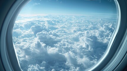 Poster - Aerial view from airplane window showcasing vast fluffy white clouds under a soft blue sky with hazy mist creating a serene atmosphere