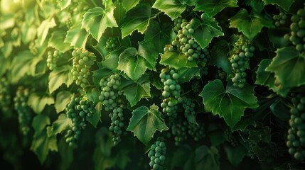 Poster - Vibrant green grapevines with clusters of unripe grapes hanging amidst lush leaves softly illuminated by warm sunlight in a serene setting.