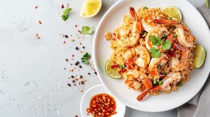 Poster - Seafood Tom Yum Fried Rice with shrimp and squid garnished with lime and cilantro on a white plate with chili sauce on a gray background.