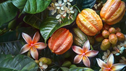 Poster - Vibrant display of star fruit and flowers nestled among lush green leaves with contrasting orange and yellow hues creating a tropical ambiance