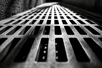 Poster - A monochromatic close-up of a textured metal grate with repeating rectangular patterns creating a geometric perspective, emphasizing light and shadow and the interplay of positive and negative space.