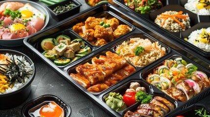 Poster - Colorful assortment of Japanese cuisine in black trays featuring sushi, rice, and tempura with fresh herbs on a dark textured background.