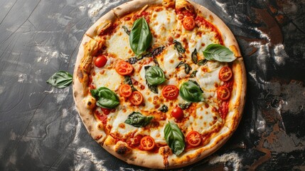 Poster - Freshly baked margarita pizza topped with sliced tomatoes mozzarella cheese and vibrant basil leaves in a circular arrangement on rustic background